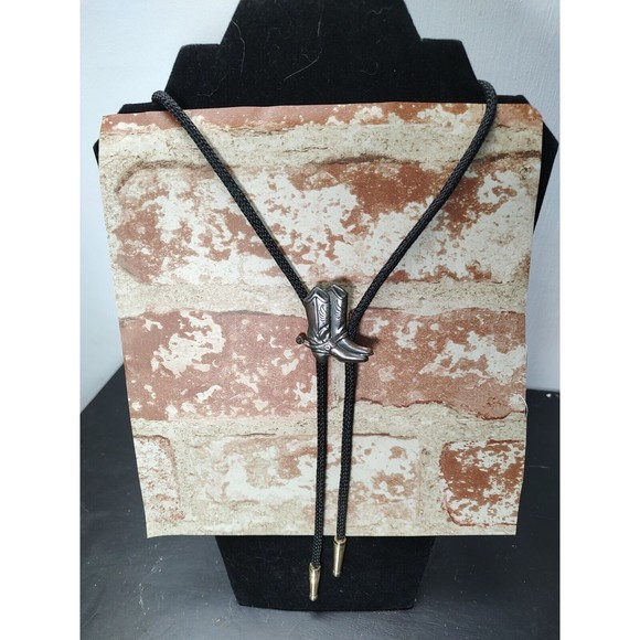 Western Style Bolo Rope Necktie-Boots with spurs-black and silver-Excellent - Picture 4 of 8